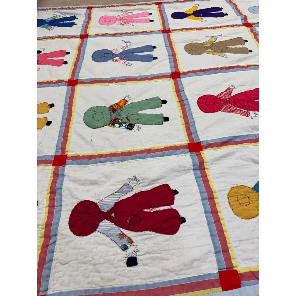 Vintage Handmade Sunbonnet Sue Overall Sam Applique Quilt Multi Color 86x68
